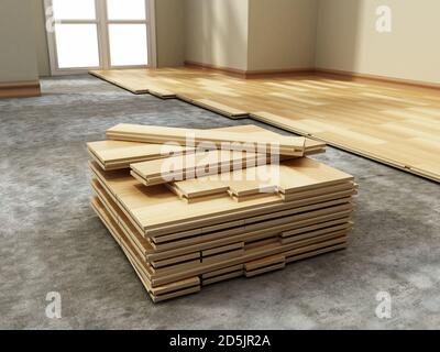 3D illustration of parquet installation process. 3D illustration. Stock Photo