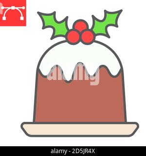 Christmas pudding color line icon, merry christmas and dessert, holly berries sign vector graphics, editable stroke filled outline icon, eps 10. Stock Vector