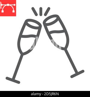Champagne glasses line icon, merry christmas and toast, two glasses of champagne sign vector graphics, editable stroke linear icon, eps 10. Stock Vector