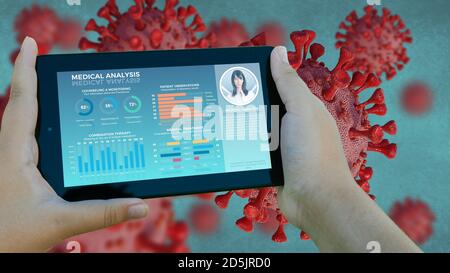 3D rendering of a tablet with medical information with a coronavirus background Stock Photo