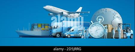 3D rendering of the world, packages and air, land and sea means of transport with a chronometer Stock Photo