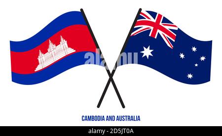 Cambodia and Australia Flags Crossed And Waving Flat Style. Official Proportion. Correct Colors. Stock Vector