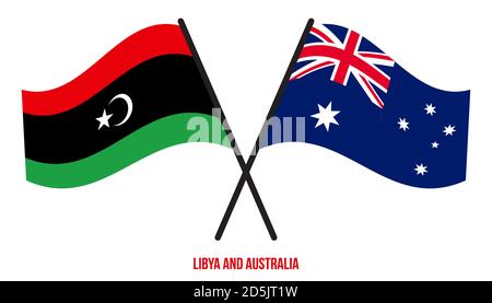 Libya and Australia Flags Crossed And Waving Flat Style. Official Proportion. Correct Colors. Stock Vector