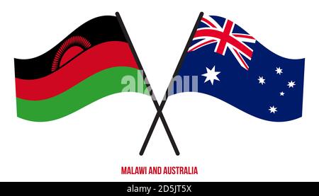 Malawi and Australia Flags Crossed And Waving Flat Style. Official Proportion. Correct Colors. Stock Vector