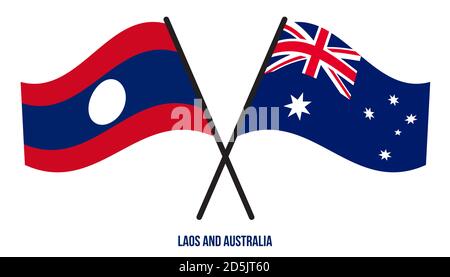 Laos and Australia Flags Crossed And Waving Flat Style. Official Proportion. Correct Colors. Stock Vector