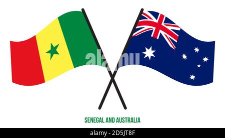 Senegal and Australia Flags Crossed And Waving Flat Style. Official Proportion. Correct Colors. Stock Vector
