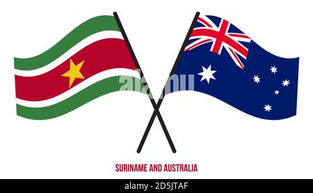 Suriname and Australia Flags Crossed And Waving Flat Style. Official Proportion. Correct Colors. Stock Vector