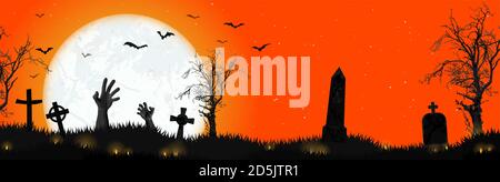 EPS 10 vector illustration with undead hands in front of full moon with scary illustrated elements for Halloween background layouts Stock Vector