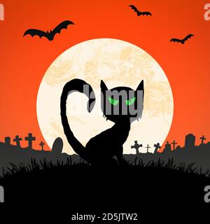 spooky cat in front of a full moon with grave stones and other scary illustrated elements for Halloween background layouts Stock Vector