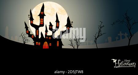 EPS vector file showing spooky dark castle in front of a full moon with grave stones and other scary illustrated elements for Halloween background lay Stock Vector