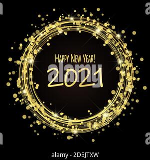 round lightning with dots and sparkle effects colored golden on dark background with Happy New Year 2021 greetings Stock Vector