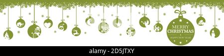 eps10 vector with hanging baubles colored green with different abstract icons for christmas and winter time concepts with white snow flake background Stock Vector