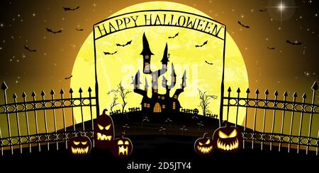 dark castle and cemetery in front of full moon with fence and archway with 'Happy Halloween' letters and other scary illustrated elements for Hallowee Stock Vector