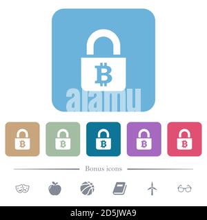 Locked Bitcoins white flat icons on color rounded square backgrounds. 6 bonus icons included Stock Vector