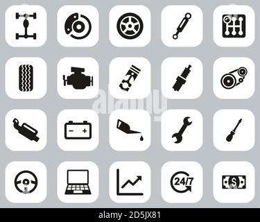Car Mechanic Black & White Flat Design Set Big Stock Vector