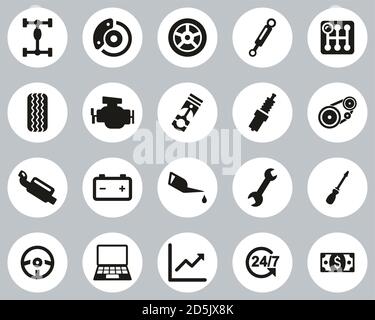 Car Mechanic Black & White Flat Design Circle Set Big Stock Vector