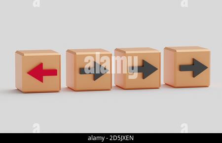 Concept of individuality. Cubes with arrows. One cube with a red arrow, the others with a black arrow. 3d rendering Stock Photo