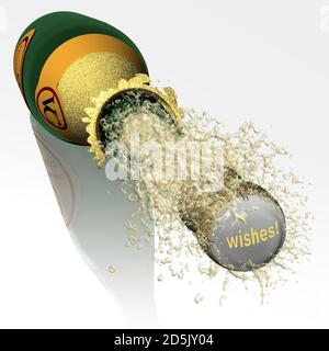 3D illustration. Uncork champagne bottle with Wishes. Stock Photo