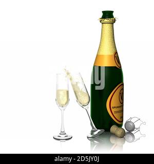 3D illustration. Wishes, party. Toast with champagne isolated on white background Stock Photo