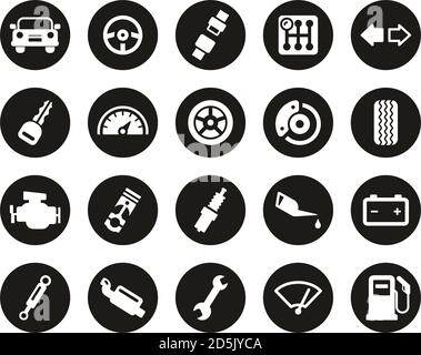 Car Or Car Parts White On Black Flat Design Circle Set Big Stock Vector