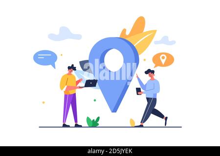 Two guys looking for their location in a flat style Stock Vector