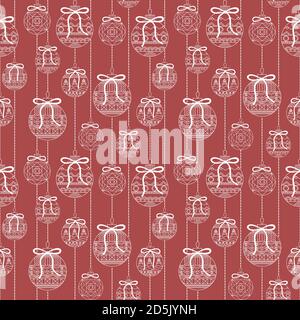 Seamless vector pattern with Christmas tree toys. White Christmas balls with ornaments and patterns on a red background. Background, wrapping paper Stock Vector
