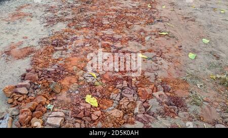 old and damage red brick path. vintage tone Stock Photo