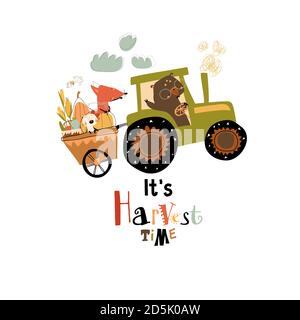 Cartoon happy animals riding on tractor with harvest Stock Vector