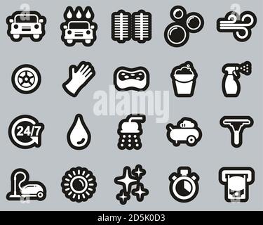 Car Wash Icons White On Black Sticker Set Big Stock Vector