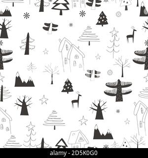 Seamless pattern with village in the forest on a white background Stock Vector