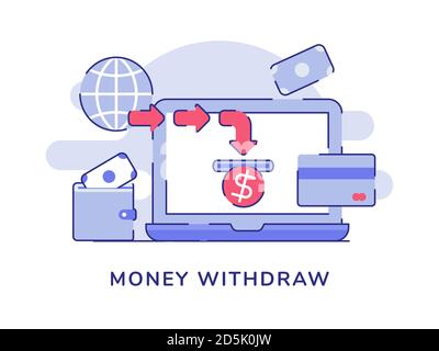 Money withdraw on display laptop monitor wallet money white isolated background with flat outline style Stock Vector
