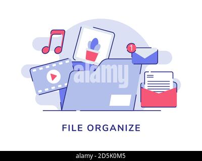 File organize concept video music picture email message in file folder white isolated background with flat outline style Stock Vector