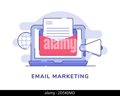 Email marketing concept email on display laptop monitor globe megaphone white isolated background with flat outline style Stock Vector