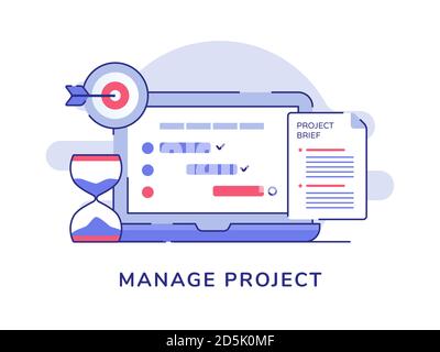 Manage project concept check list document on display laptop monitor hourglass target goal white isolated background with flat outline style Stock Vector