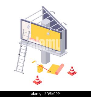 Billboard installation isometric vector illustration - process of sticking advertising on big city ooh banner. Stock Vector