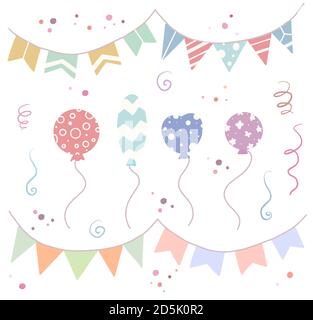 Set of holiday decorations. Doodle balloons, flags, serpentine and confetti. Vector flat handdrawn objects separately from the background. Gentle obje Stock Vector