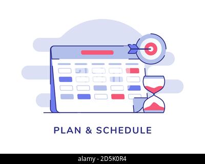 Plan and schedule calendar marker hourglass target goal white isolated background with flat outline style Stock Vector