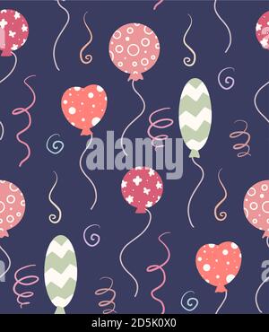 Seamless festive flat pattern with balls with pattern and serpentine on dark background. Birthday cartoon wallpaper. Vector baby texture for fabrics, Stock Vector
