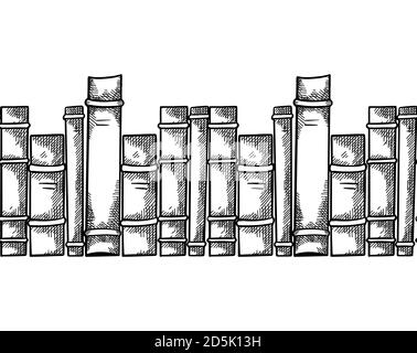 Seamless border from books with hatching. Engraving bookshelf. Knowledge and wisdom. Element for library and interior. Vector object for frames, banne Stock Vector
