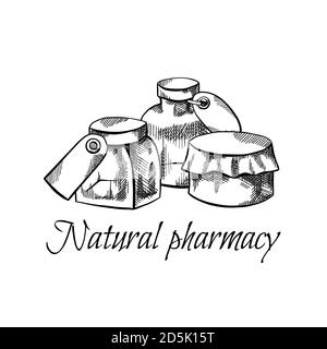 Natural pharmacy. Sketch illustration of vial, bottle and cans with labels, hatching and lettering. Healthcare and medicine. Engraving vector objects Stock Vector