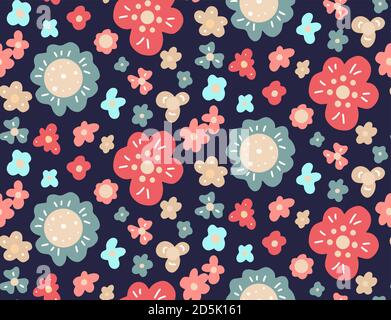 Seamless flat hand drawn pattern with various simple flowers on a dark background. Vector floral cute texture for fabrics, backgrounds and your creati Stock Vector
