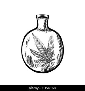 Natural herbal medicine. Glass bottle with a leaf of marijuana. Black and white sketch with a hatch. Engraving vector object for articles, banners and Stock Vector