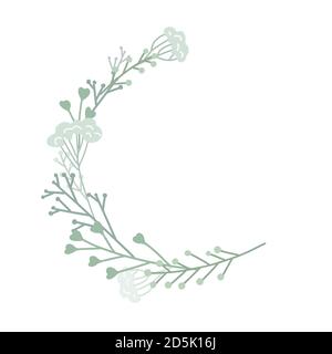 Semicircular frame with plants, branches and grass. Tender round flat hand drawn border. Vector circle lagoon element for greeting cards, invitation c Stock Vector