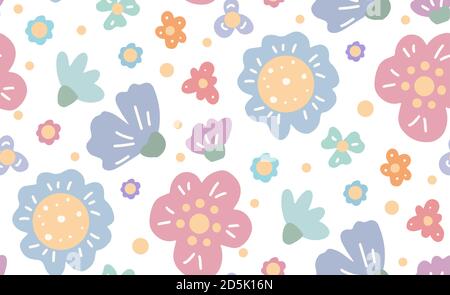 Seamless flat hand drawn pattern with various flowers and petals on white background. Gentle natural pattern. Vector rustic spring texture for fabrics Stock Vector