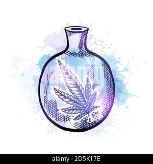 Natural herbal medicine. Glass bottle with a leaf of marijuana with blue watercolor splash. Sketch with hatching. Engraving vector object for articles Stock Vector