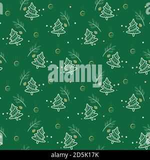 Christmas tree and ornament ball pattern on green background for gift wrapping paper, digital scrapbook etc. Stock Vector