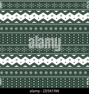 Christmas snowflake and Santa claus sweater pattern with zigzag lines on green background Stock Vector