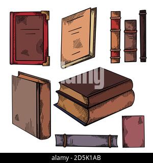 Set of colorful sketches of various old books with shading. Front and side view. Notebooks. Library and bookshelves. Engraving vector element for card Stock Vector