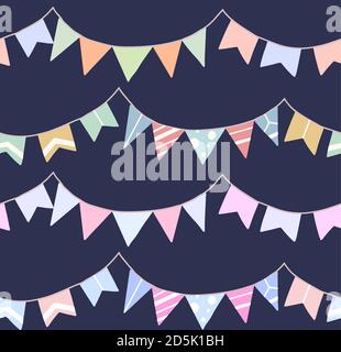 Seamless festive pattern with flat drawn flags on dark background. Wallpaper for birthday and anniversary. Vector texture for fabrics, wrapping paper Stock Vector
