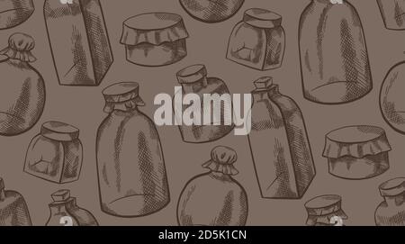 Seamless vintage texture with sketchy glass jars and flasks with hatching. Natural medicine. Ointments and drugs. Vector pattern for fabrics, covers, Stock Vector